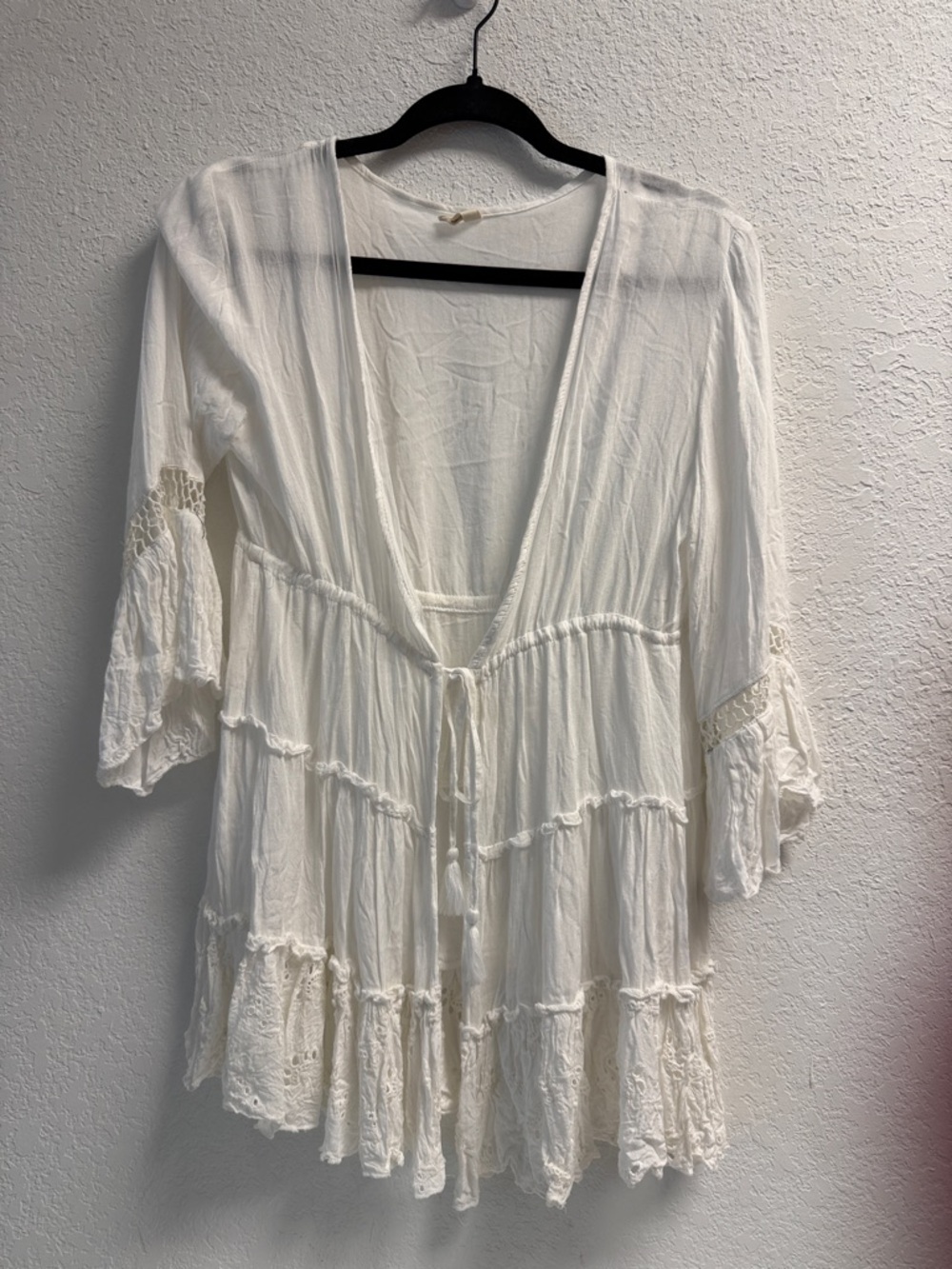 Women’s Cover up White Lace-Trim Open Front Tunic SM